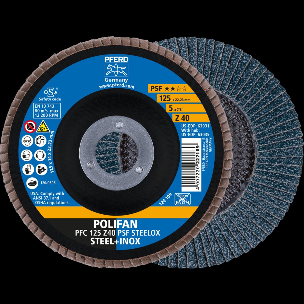 PFERD Flap Disc, 5&#34; x 7/8, Z PSF STEELOX, 40 Grit, T29, Conical, Zirconia<span class=' ItemWarning' style='display:block;'>Item is usually in stock, but we&#39;ll be in touch if there&#39;s a problem<br /></span>