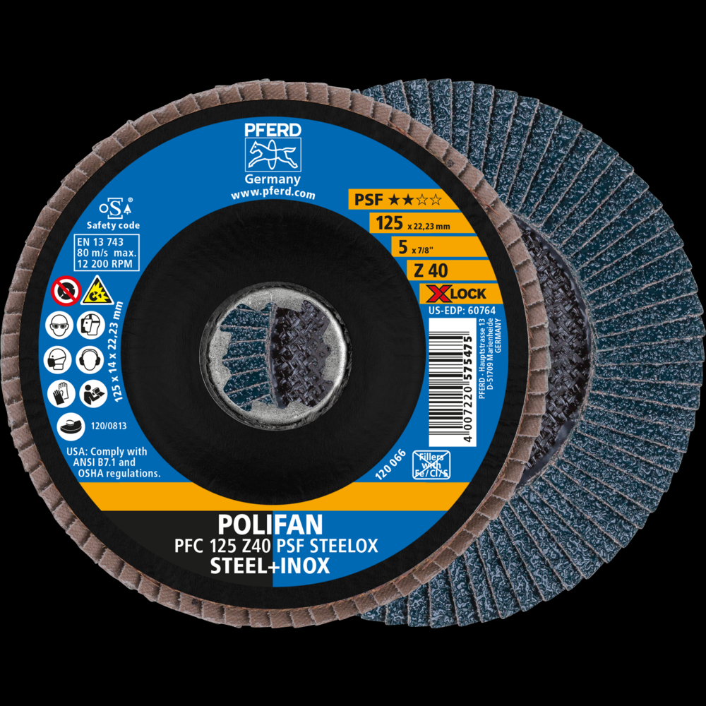 PFERD Flap Disc, 5&#34;, X-LOCK, Z PSF EXTRA STEELOX, 40 Grit, T29, Conical, Zirconia<span class=' ItemWarning' style='display:block;'>Item is usually in stock, but we&#39;ll be in touch if there&#39;s a problem<br /></span>