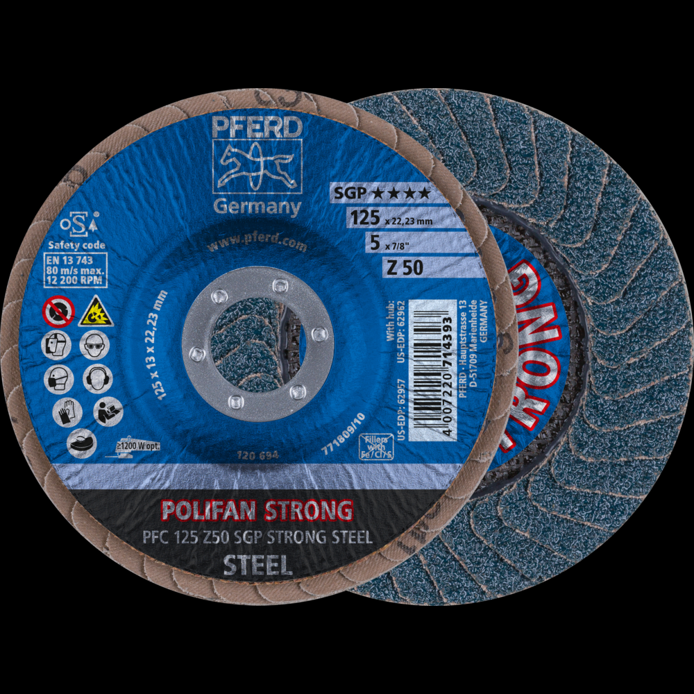 PFERD Flap Disc, 5&#34; x 7/8, Z SGP STRONG STEEL, 50 Grit, T29, Conical, Zirconia<span class=' ItemWarning' style='display:block;'>Item is usually in stock, but we&#39;ll be in touch if there&#39;s a problem<br /></span>