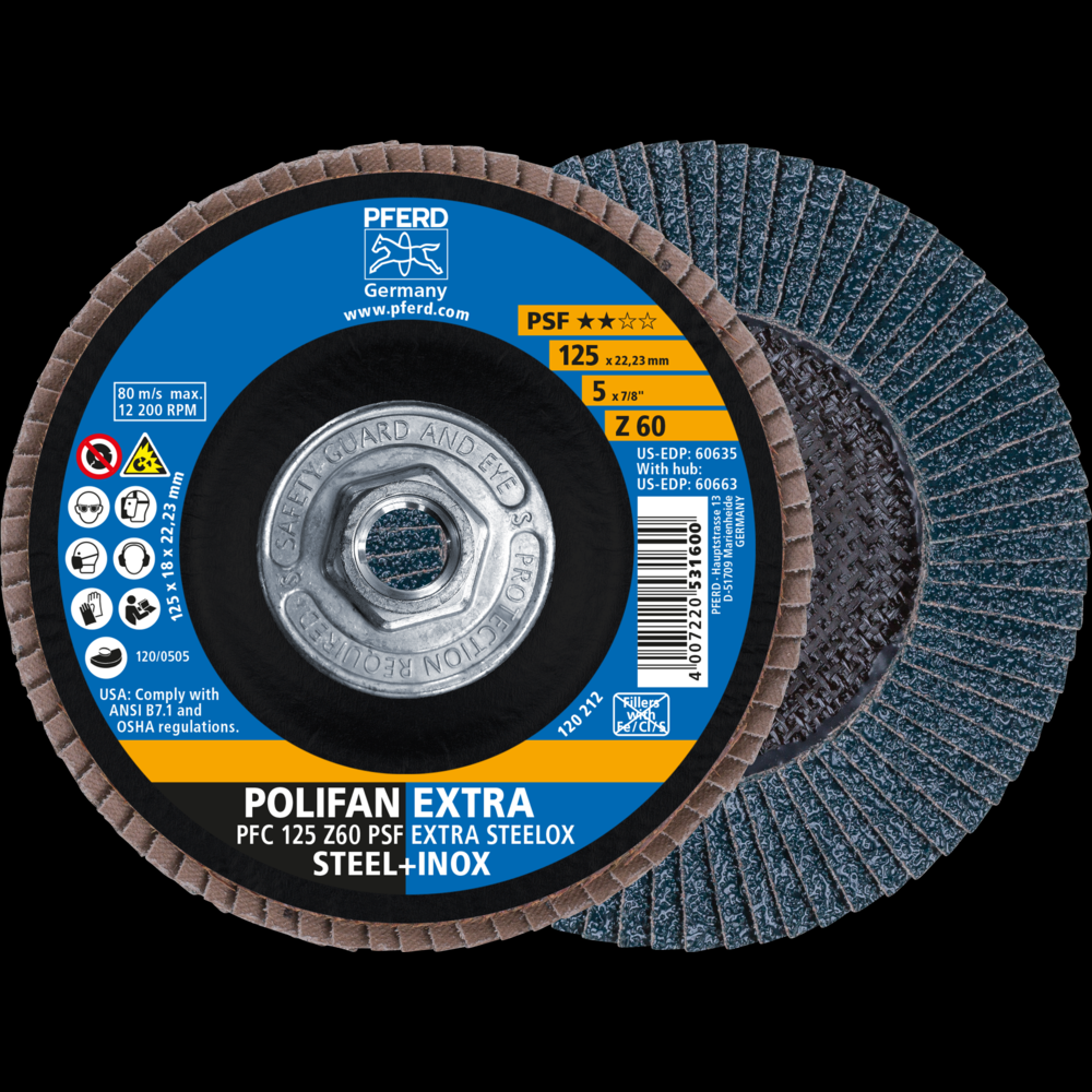 PFERD Flap Disc, 5&#34; x 5/8-11, Z PSF EXTRA STEELOX, 60 Grit, T29, Conical, Zirconia<span class=' ItemWarning' style='display:block;'>Item is usually in stock, but we&#39;ll be in touch if there&#39;s a problem<br /></span>