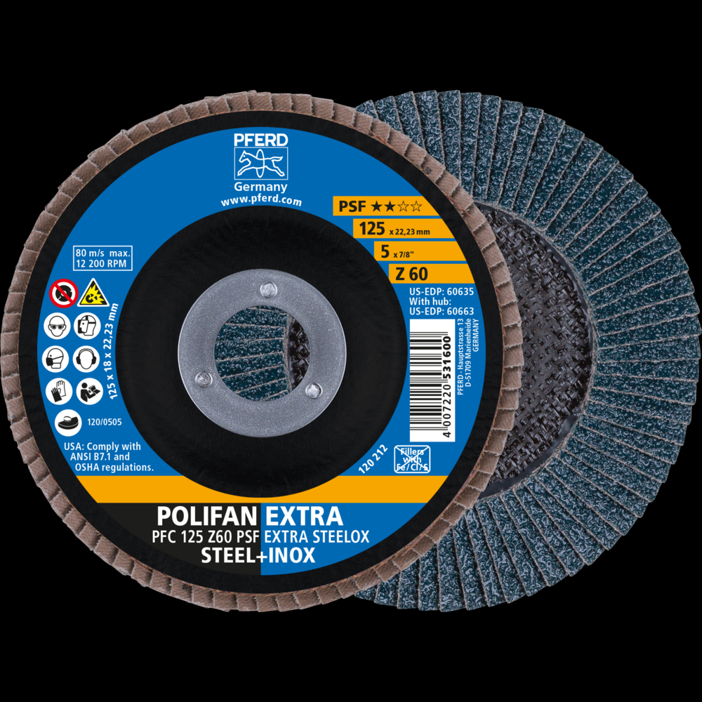 PFERD Flap Disc, 5&#34; x 7/8, Z PSF EXTRA STEELOX, 60 Grit, T29, Conical, Zirconia<span class=' ItemWarning' style='display:block;'>Item is usually in stock, but we&#39;ll be in touch if there&#39;s a problem<br /></span>