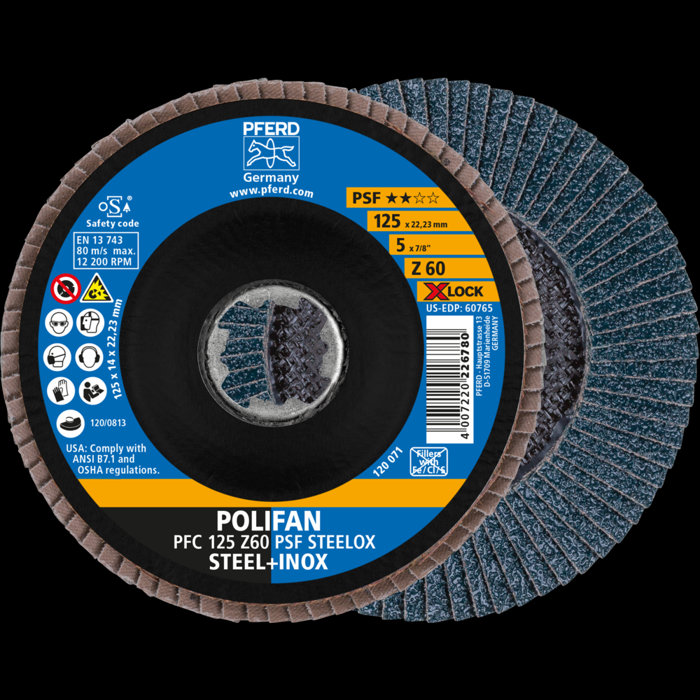 PFERD Flap Disc, 5&#34;, X-LOCK, Z PSF EXTRA STEELOX, 60 Grit, T29, Conical, Zirconia<span class=' ItemWarning' style='display:block;'>Item is usually in stock, but we&#39;ll be in touch if there&#39;s a problem<br /></span>