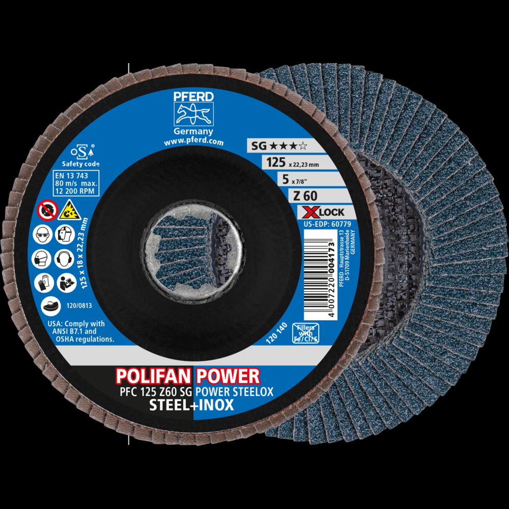 PFERD Flap Disc, 5&#34;, X-LOCK, Z SG POWER STEELOX, 60 Grit, T29, Conical, Zirconia<span class=' ItemWarning' style='display:block;'>Item is usually in stock, but we&#39;ll be in touch if there&#39;s a problem<br /></span>