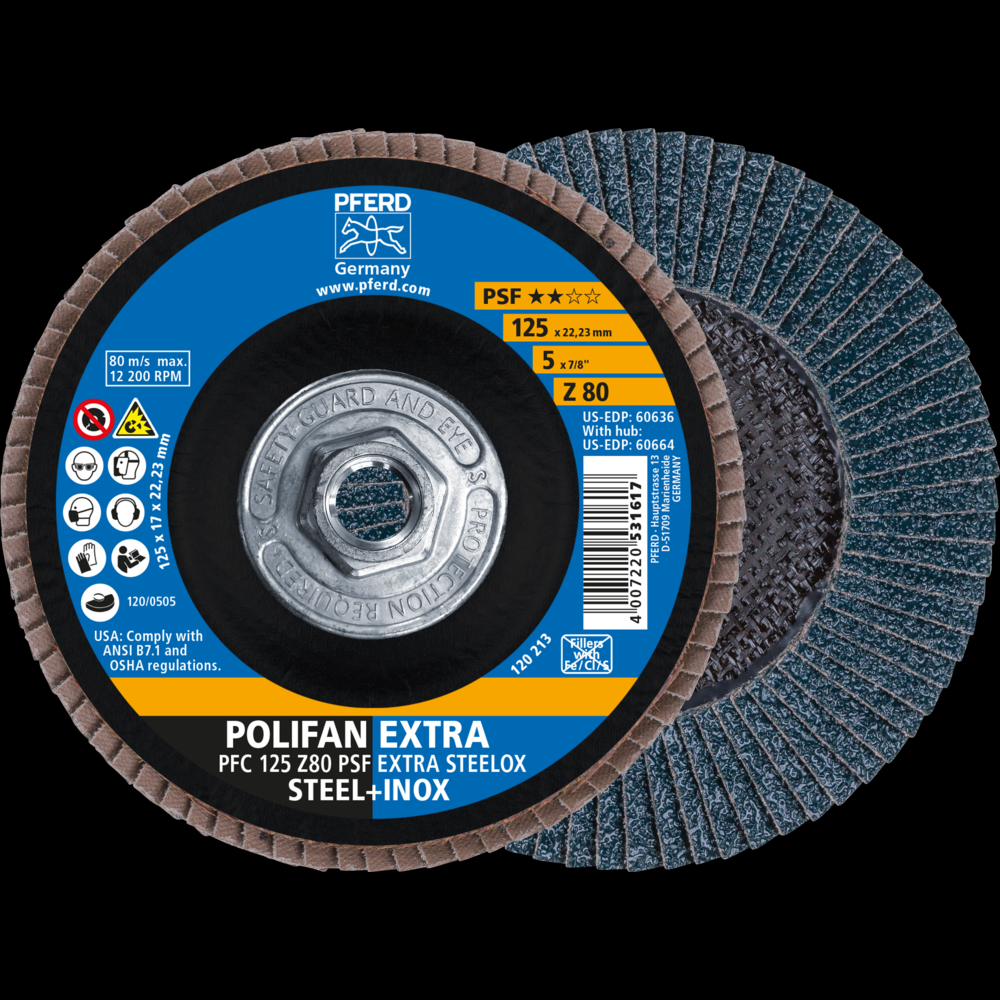 PFERD Flap Disc, 5&#34; x 5/8-11, Z PSF EXTRA STEELOX, 80 Grit, T29, Conical, Zirconia<span class=' ItemWarning' style='display:block;'>Item is usually in stock, but we&#39;ll be in touch if there&#39;s a problem<br /></span>