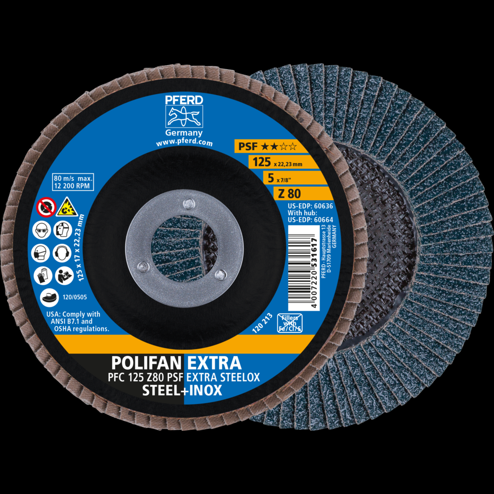 PFERD Flap Disc, 5&#34; x 7/8, Z PSF EXTRA STEELOX, 80 Grit, T29, Conical, Zirconia<span class=' ItemWarning' style='display:block;'>Item is usually in stock, but we&#39;ll be in touch if there&#39;s a problem<br /></span>