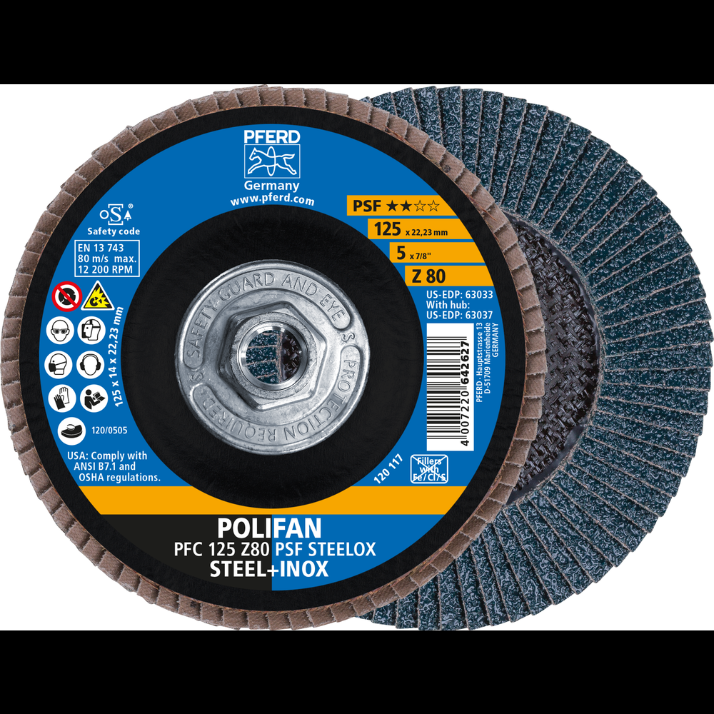 PFERD Flap Disc, 5&#34; x 5/8-11, Z PSF STEELOX, 80 Grit, T29, Conical, Zirconia<span class=' ItemWarning' style='display:block;'>Item is usually in stock, but we&#39;ll be in touch if there&#39;s a problem<br /></span>