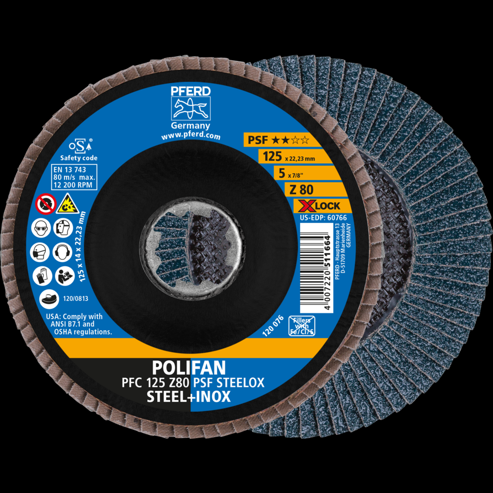 PFERD Flap Disc, 5&#34;, X-LOCK, Z PSF EXTRA STEELOX, 80 Grit, T29, Conical, Zirconia<span class=' ItemWarning' style='display:block;'>Item is usually in stock, but we&#39;ll be in touch if there&#39;s a problem<br /></span>