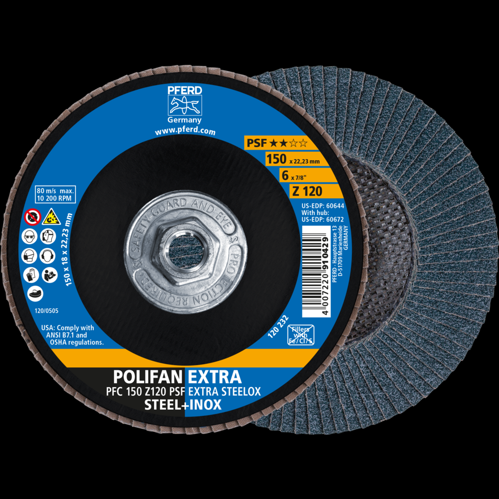 PFERD Flap Disc, 6&#34; x 5/8-11, Z PSF EXTRA STEELOX, 120 Grit, T29, Conical, Zirconia<span class=' ItemWarning' style='display:block;'>Item is usually in stock, but we&#39;ll be in touch if there&#39;s a problem<br /></span>