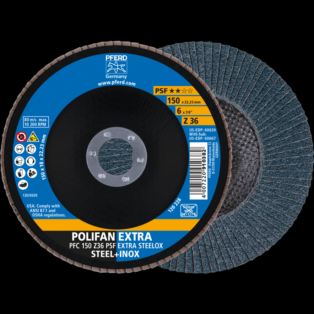 PFERD Flap Disc, 6&#34; x 7/8, Z PSF EXTRA STEELOX, 36 Grit, T29, Conical, Zirconia<span class=' ItemWarning' style='display:block;'>Item is usually in stock, but we&#39;ll be in touch if there&#39;s a problem<br /></span>