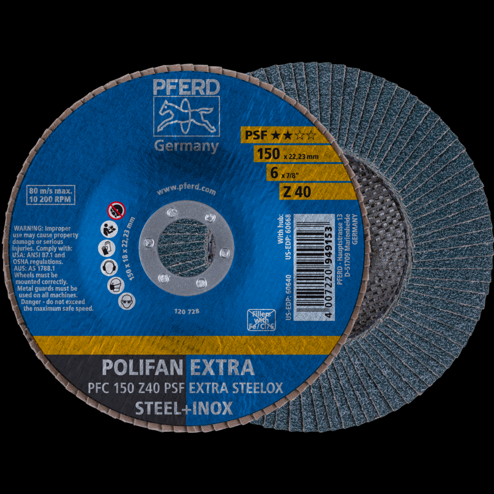 PFERD Flap Disc, 6&#34; x 5/8-11, Z PSF EXTRA STEELOX, 40 Grit, T29, Conical, Zirconia<span class=' ItemWarning' style='display:block;'>Item is usually in stock, but we&#39;ll be in touch if there&#39;s a problem<br /></span>