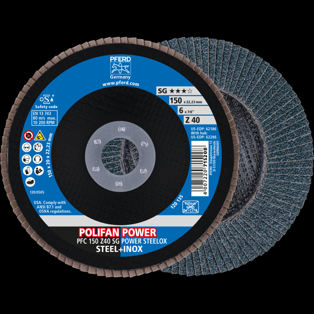 PFERD Flap Disc, 6&#34; x 7/8, Z SG POWER STEELOX, 40 Grit, T29, Conical, Zirconia<span class=' ItemWarning' style='display:block;'>Item is usually in stock, but we&#39;ll be in touch if there&#39;s a problem<br /></span>