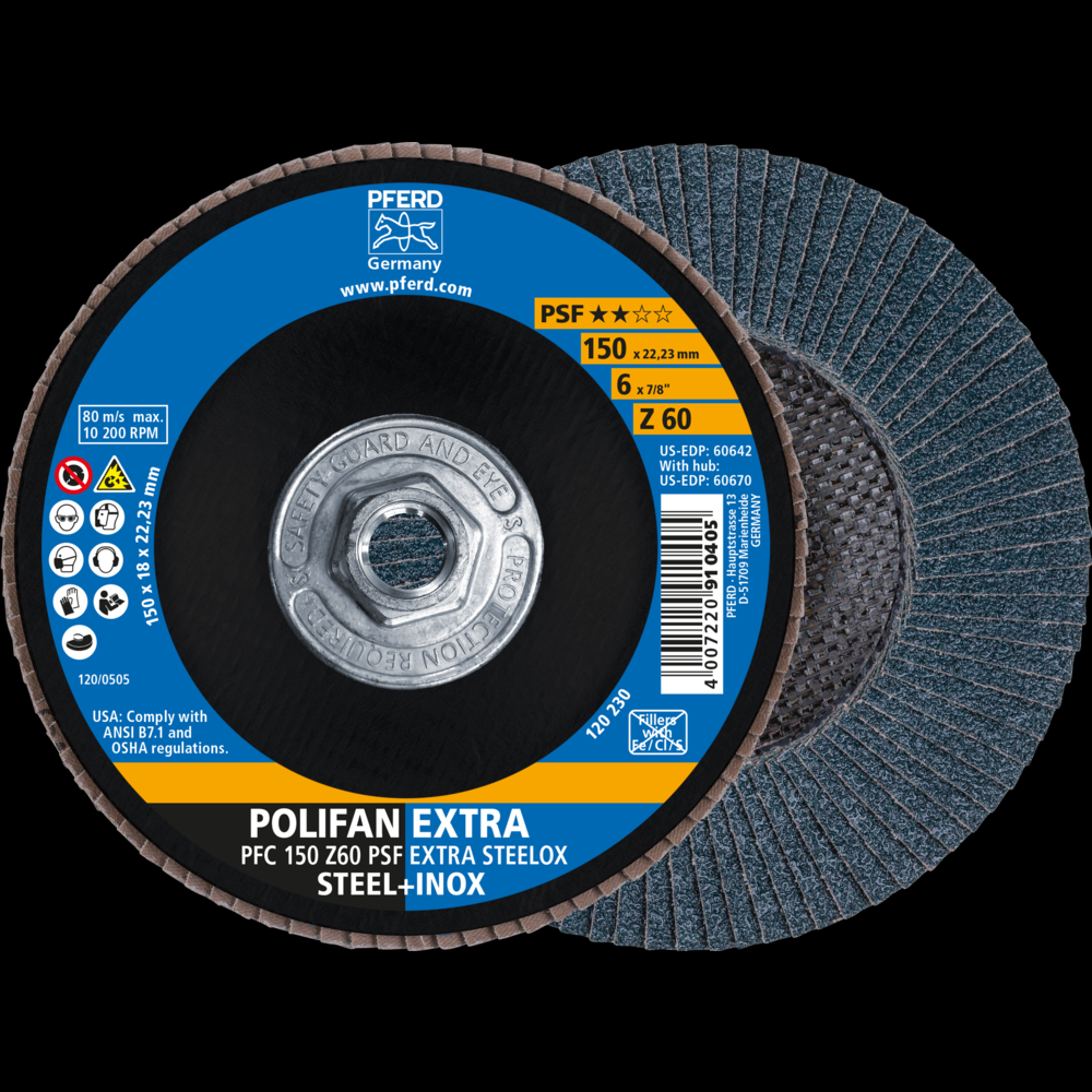 PFERD Flap Disc, 6&#34; x 5/8-11, Z PSF EXTRA STEELOX, 60 Grit, T29, Conical, Zirconia<span class=' ItemWarning' style='display:block;'>Item is usually in stock, but we&#39;ll be in touch if there&#39;s a problem<br /></span>