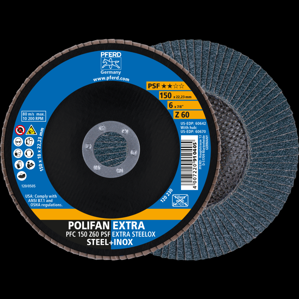 PFERD Flap Disc, 6&#34; x 7/8, Z PSF EXTRA STEELOX, 60 Grit, T29, Conical, Zirconia<span class=' ItemWarning' style='display:block;'>Item is usually in stock, but we&#39;ll be in touch if there&#39;s a problem<br /></span>