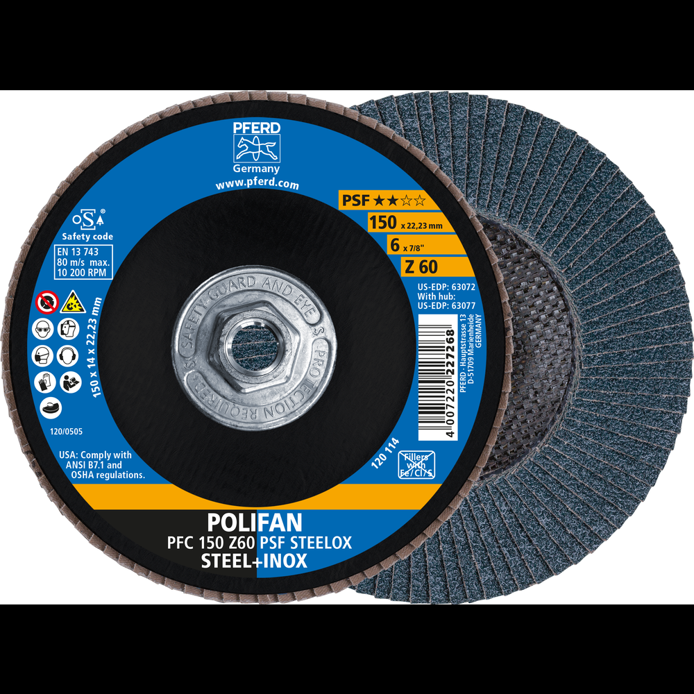 PFERD Flap Disc, 6&#34; x 5/8-11, Z PSF STEELOX, 60 Grit, T29, Conical, Zirconia<span class=' ItemWarning' style='display:block;'>Item is usually in stock, but we&#39;ll be in touch if there&#39;s a problem<br /></span>