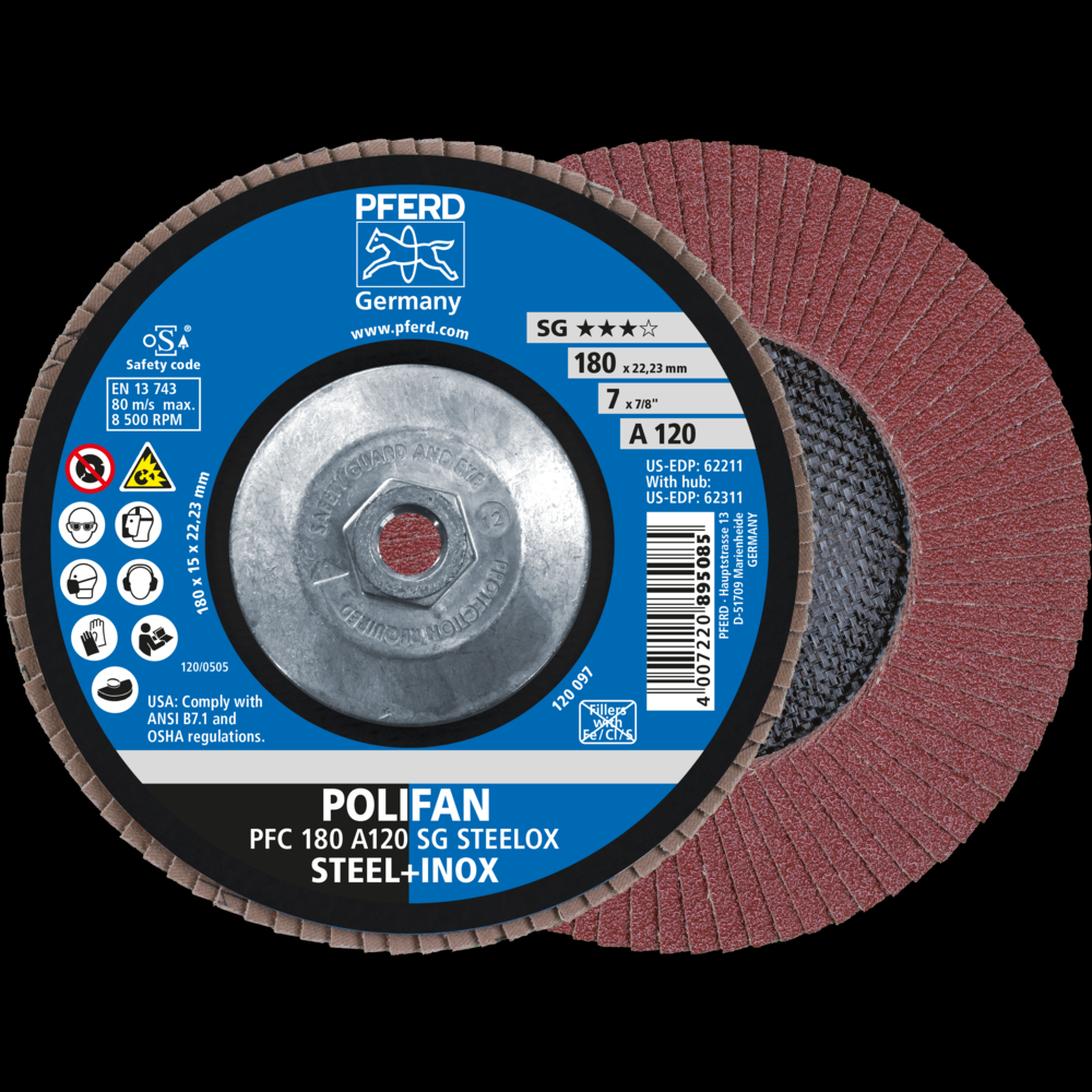 PFERD Flap Disc, 7&#34; x 5/8-11, A SG STEELOX, 120 Grit, T29, Conical, Aluminum oxide<span class=' ItemWarning' style='display:block;'>Item is usually in stock, but we&#39;ll be in touch if there&#39;s a problem<br /></span>