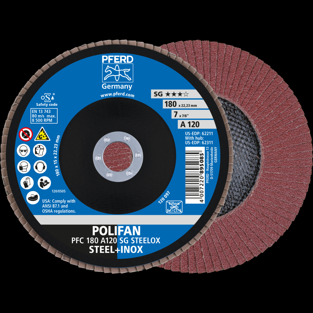 PFERD Flap Disc, 7&#34; x 7/8, A SG STEELOX, 120 Grit, T29, Conical, Aluminum oxide<span class=' ItemWarning' style='display:block;'>Item is usually in stock, but we&#39;ll be in touch if there&#39;s a problem<br /></span>