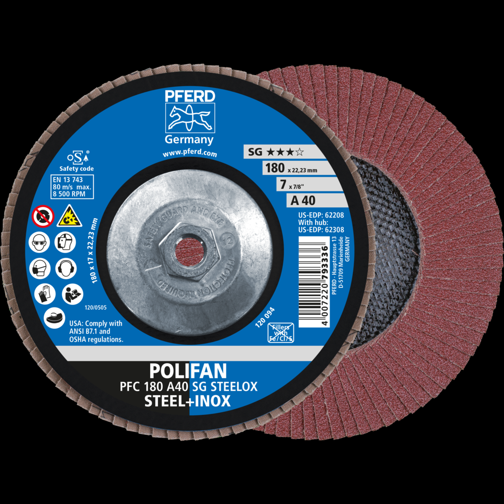 PFERD Flap Disc, 7&#34; x 5/8-11, A SG STEELOX, 40 Grit, T29, Conical, Aluminum oxide<span class=' ItemWarning' style='display:block;'>Item is usually in stock, but we&#39;ll be in touch if there&#39;s a problem<br /></span>