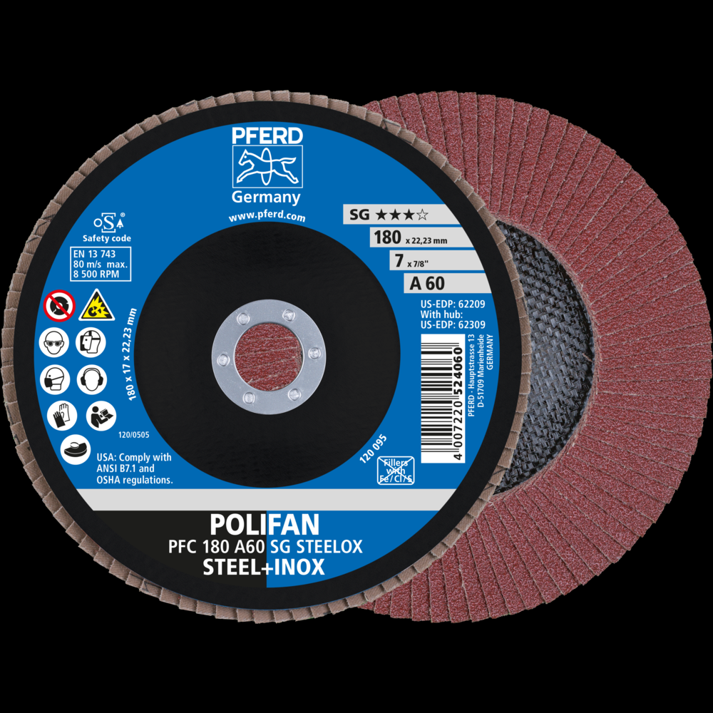 PFERD Flap Disc, 7&#34; x 7/8, A SG STEELOX, 60 Grit, T29, Conical, Aluminum oxide<span class=' ItemWarning' style='display:block;'>Item is usually in stock, but we&#39;ll be in touch if there&#39;s a problem<br /></span>