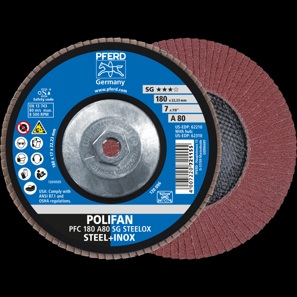 PFERD Flap Disc, 7&#34; x 5/8-11, A SG STEELOX, 80 Grit, T29, Conical, Aluminum oxide<span class=' ItemWarning' style='display:block;'>Item is usually in stock, but we&#39;ll be in touch if there&#39;s a problem<br /></span>