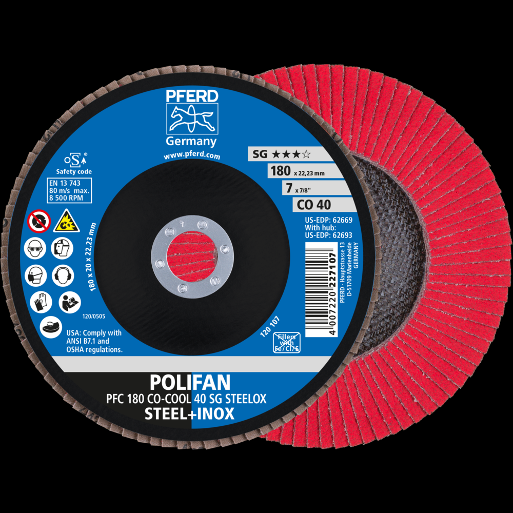 PFERD Flap Disc, 7&#34; x 7/8, CO-COOL SG STEELOX, 40 Grit, T29, Conical, Ceramic oxide<span class=' ItemWarning' style='display:block;'>Item is usually in stock, but we&#39;ll be in touch if there&#39;s a problem<br /></span>