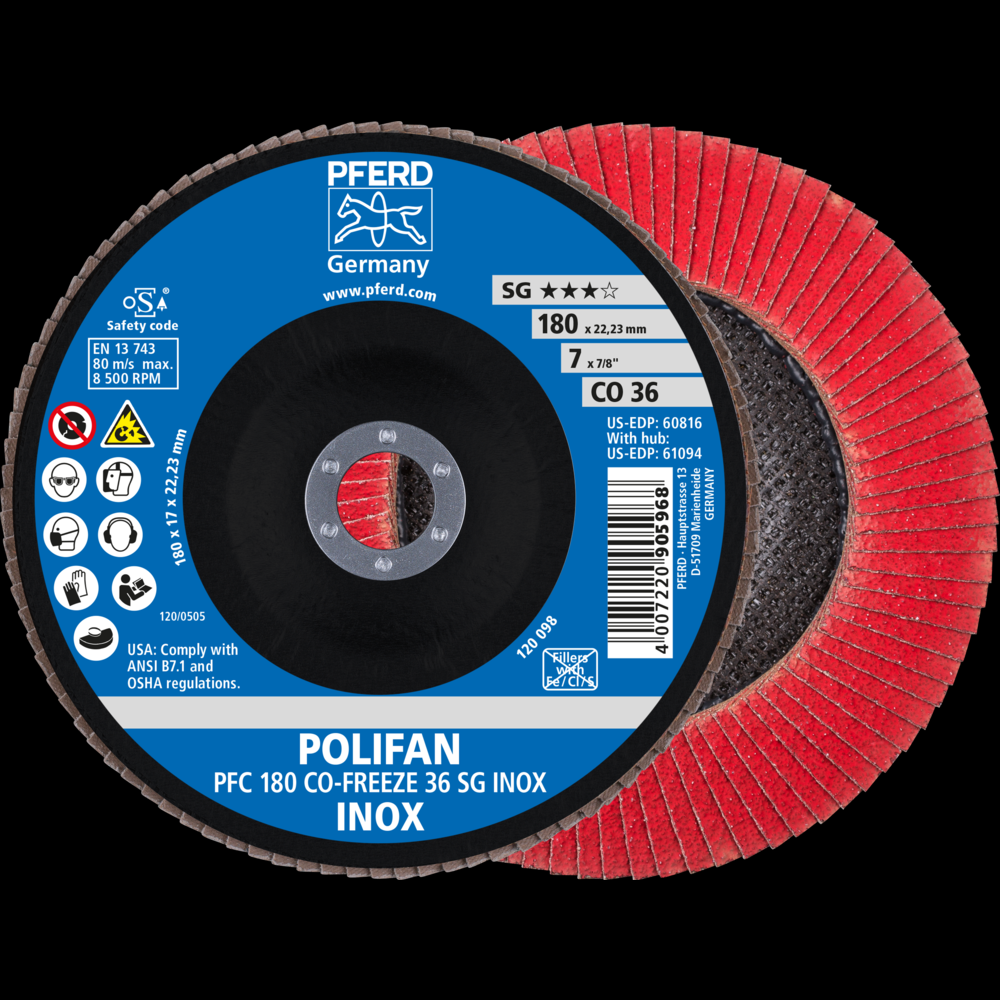 PFERD Flap Disc, 7&#34; x 7/8, CO-FREEZE SG INOX, 36 Grit, T29, Conical, Ceramic<span class=' ItemWarning' style='display:block;'>Item is usually in stock, but we&#39;ll be in touch if there&#39;s a problem<br /></span>