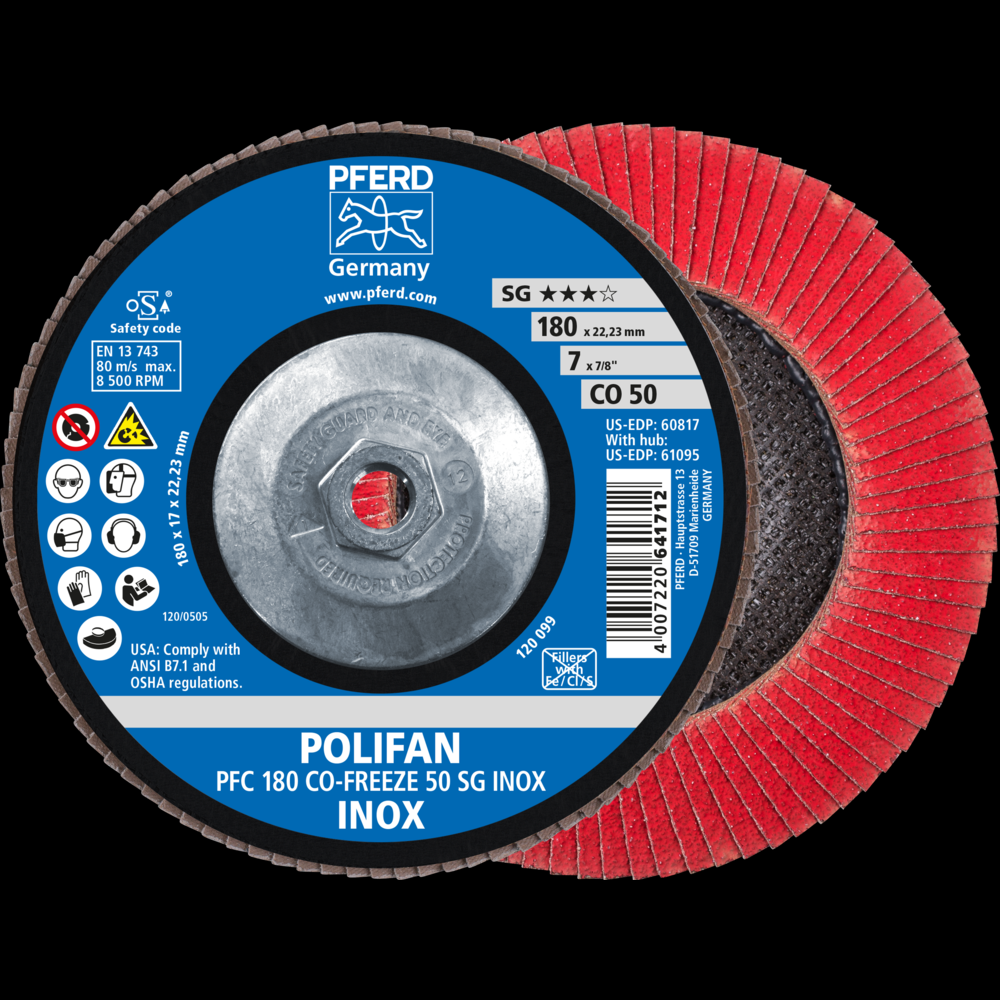 PFERD Flap Disc, 7&#34; x 5/8-11, CO-FREEZE SG INOX, 50 Grit, T29, Conical, Ceramic<span class=' ItemWarning' style='display:block;'>Item is usually in stock, but we&#39;ll be in touch if there&#39;s a problem<br /></span>