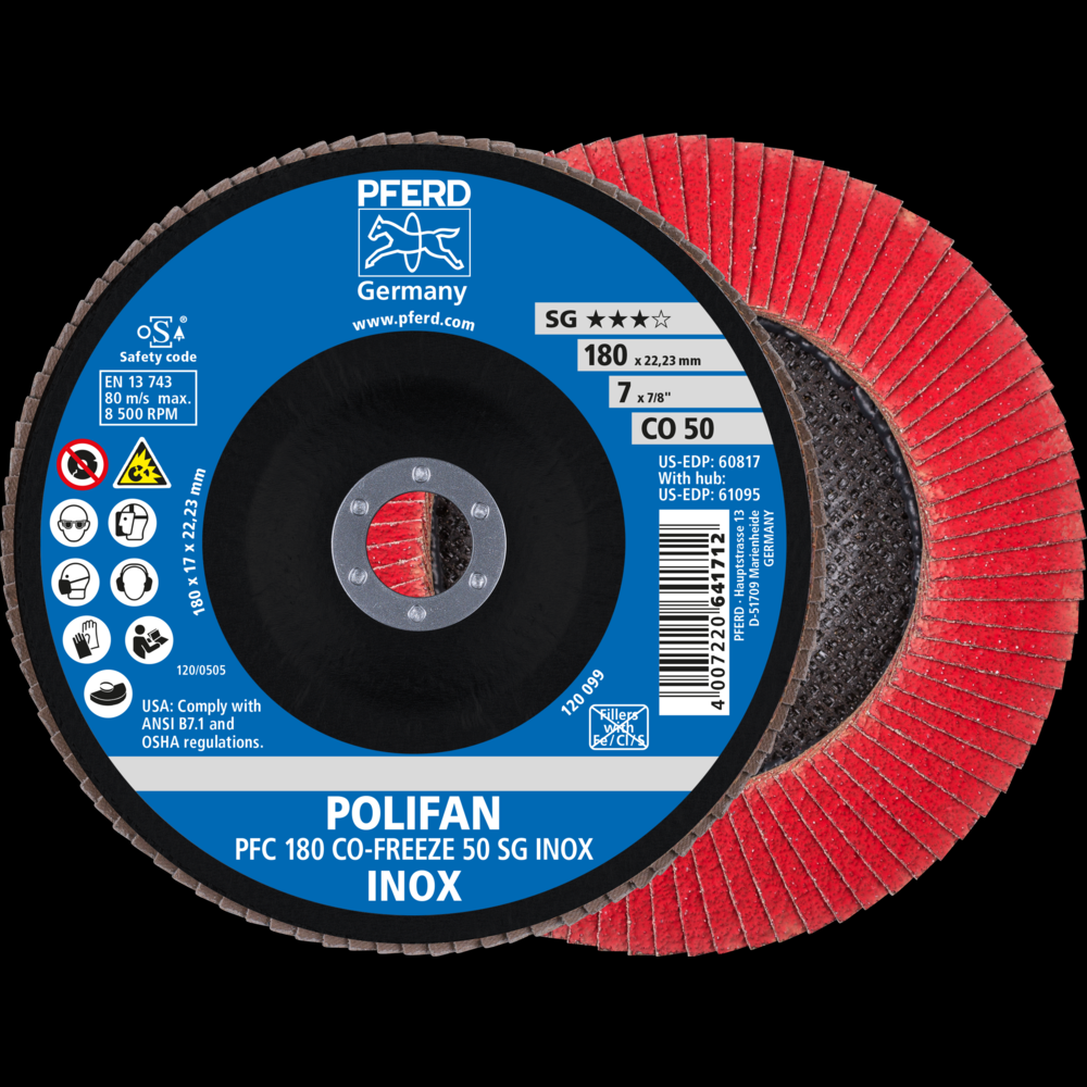 PFERD Flap Disc, 7&#34; x 7/8, CO-FREEZE SG INOX, 50 Grit, T29, Conical, Ceramic<span class=' ItemWarning' style='display:block;'>Item is usually in stock, but we&#39;ll be in touch if there&#39;s a problem<br /></span>