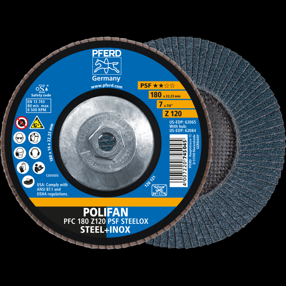 PFERD Flap Disc, 7&#34; x 5/8-11, Z PSF STEELOX, 120 Grit, T29, Conical, Zirconia<span class=' ItemWarning' style='display:block;'>Item is usually in stock, but we&#39;ll be in touch if there&#39;s a problem<br /></span>