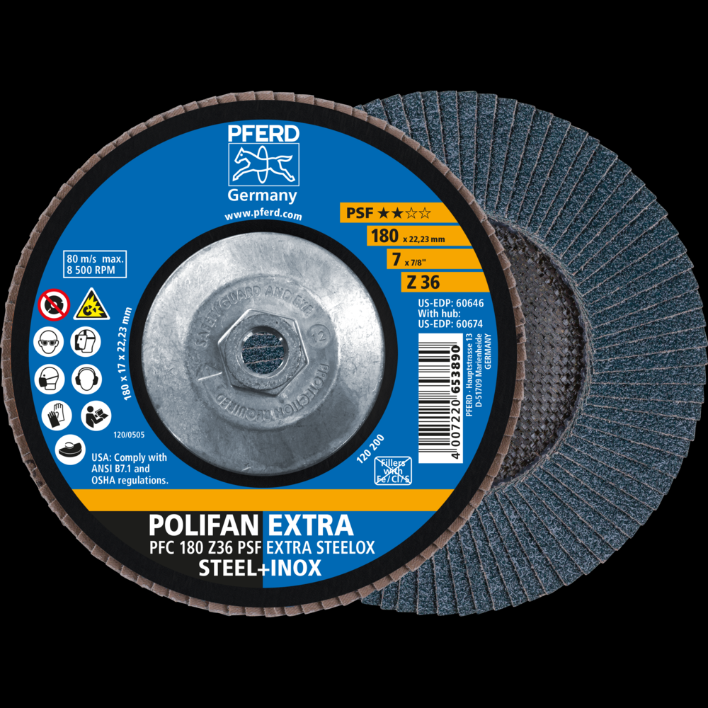 PFERD Flap Disc, 7&#34; x 5/8-11, Z PSF EXTRA STEELOX, 36 Grit, T29, Conical, Zirconia<span class=' ItemWarning' style='display:block;'>Item is usually in stock, but we&#39;ll be in touch if there&#39;s a problem<br /></span>