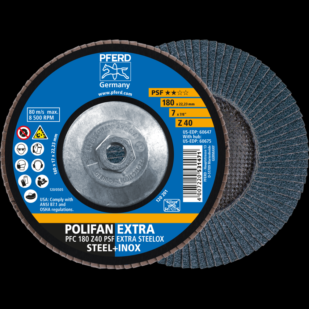 PFERD Flap Disc, 7&#34; x 5/8-11, Z PSF EXTRA STEELOX, 40 Grit, T29, Conical, Zirconia<span class=' ItemWarning' style='display:block;'>Item is usually in stock, but we&#39;ll be in touch if there&#39;s a problem<br /></span>