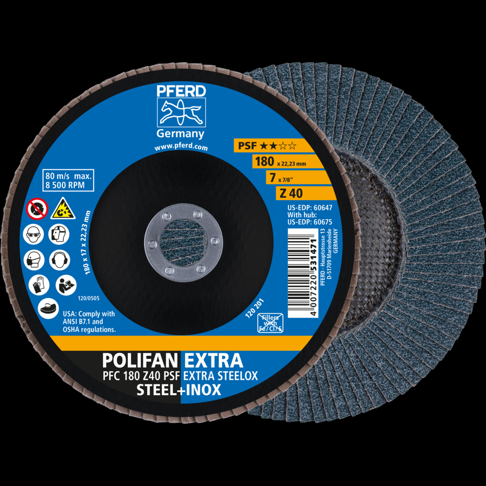 PFERD Flap Disc, 7&#34; x 7/8, Z PSF EXTRA STEELOX, 40 Grit, T29, Conical, Zirconia<span class=' ItemWarning' style='display:block;'>Item is usually in stock, but we&#39;ll be in touch if there&#39;s a problem<br /></span>