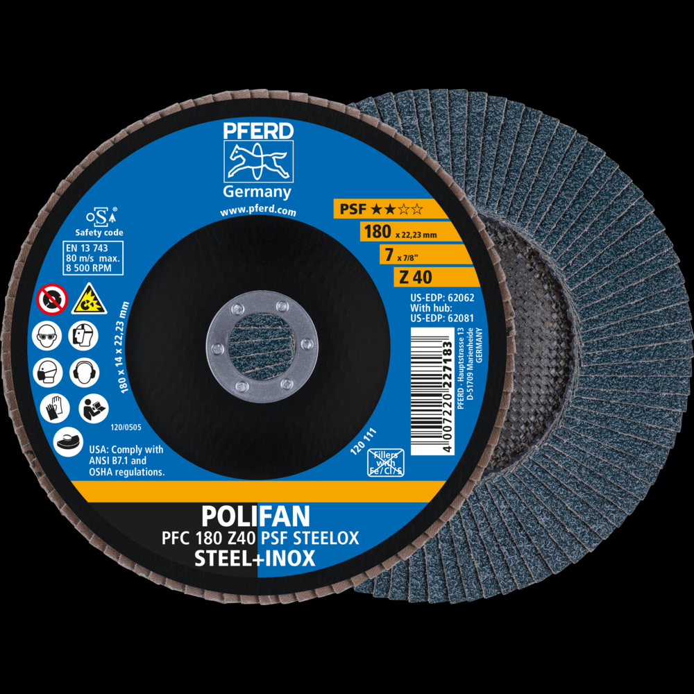 PFERD Flap Disc, 7&#34; x 7/8, Z PSF STEELOX, 40 Grit, T29, Conical, Zirconia<span class=' ItemWarning' style='display:block;'>Item is usually in stock, but we&#39;ll be in touch if there&#39;s a problem<br /></span>