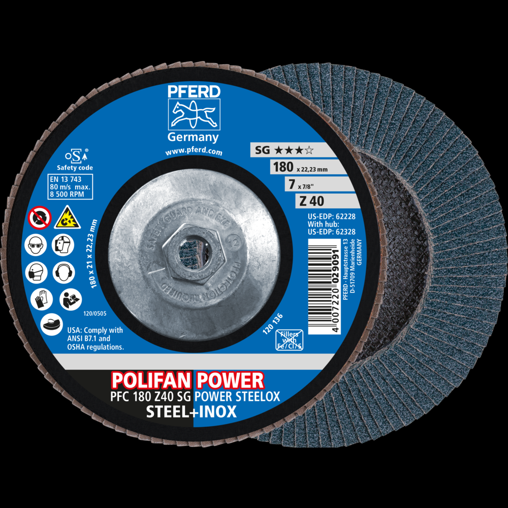 PFERD Flap Disc, 7&#34; x 5/8-11, Z SG POWER STEELOX, 40 Grit, T29, Conical, Zirconia<span class=' ItemWarning' style='display:block;'>Item is usually in stock, but we&#39;ll be in touch if there&#39;s a problem<br /></span>