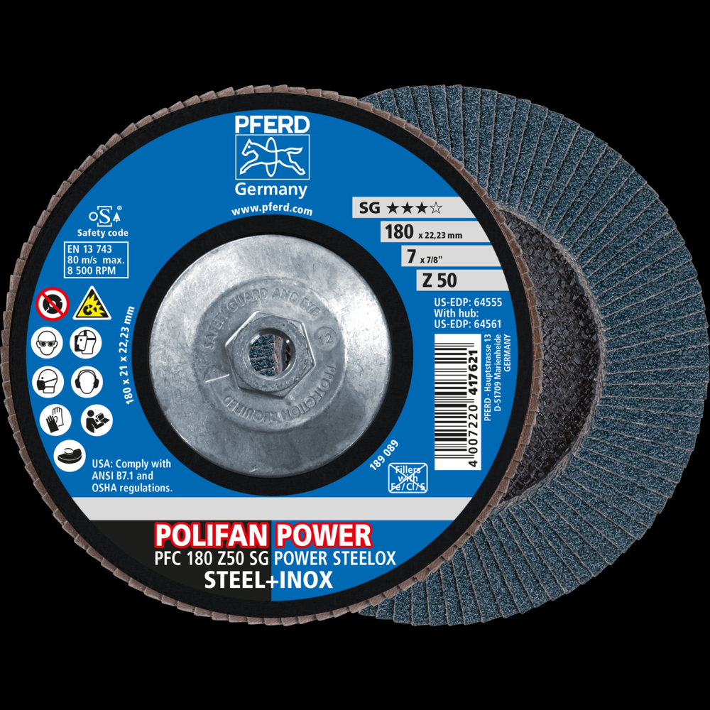 PFERD Flap Disc, 7&#34; x 5/8-11, Z SG POWER STEELOX, 50 Grit, T29, Conical, Zirconia<span class=' ItemWarning' style='display:block;'>Item is usually in stock, but we&#39;ll be in touch if there&#39;s a problem<br /></span>