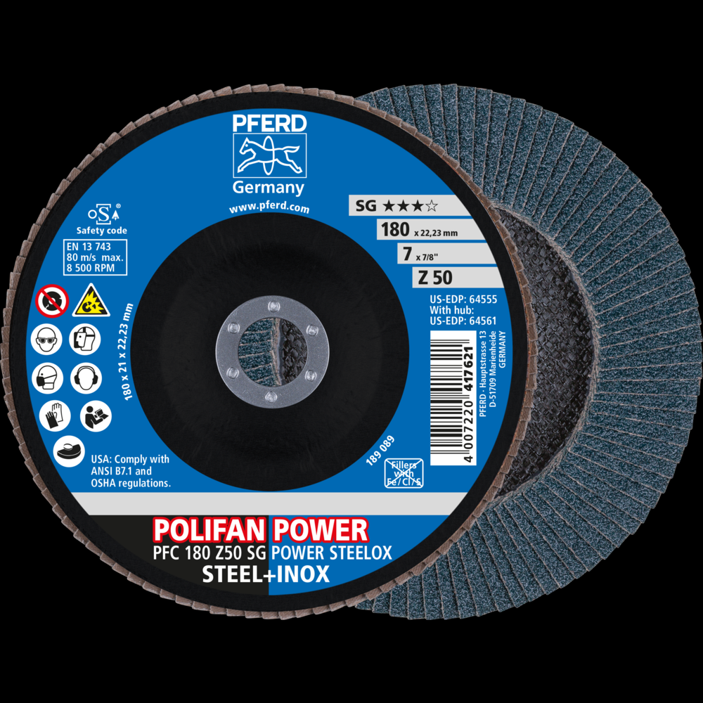 PFERD Flap Disc, 7&#34; x 7/8, Z SG POWER STEELOX, 50 Grit, T29, Conical, Zirconia<span class=' ItemWarning' style='display:block;'>Item is usually in stock, but we&#39;ll be in touch if there&#39;s a problem<br /></span>