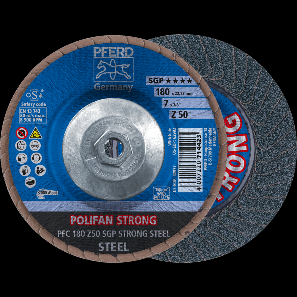 PFERD Flap Disc, 7&#34; x 5/8-11, Z SGP STRONG STEEL, 50 Grit, T29, Conical, Zirconia<span class=' ItemWarning' style='display:block;'>Item is usually in stock, but we&#39;ll be in touch if there&#39;s a problem<br /></span>