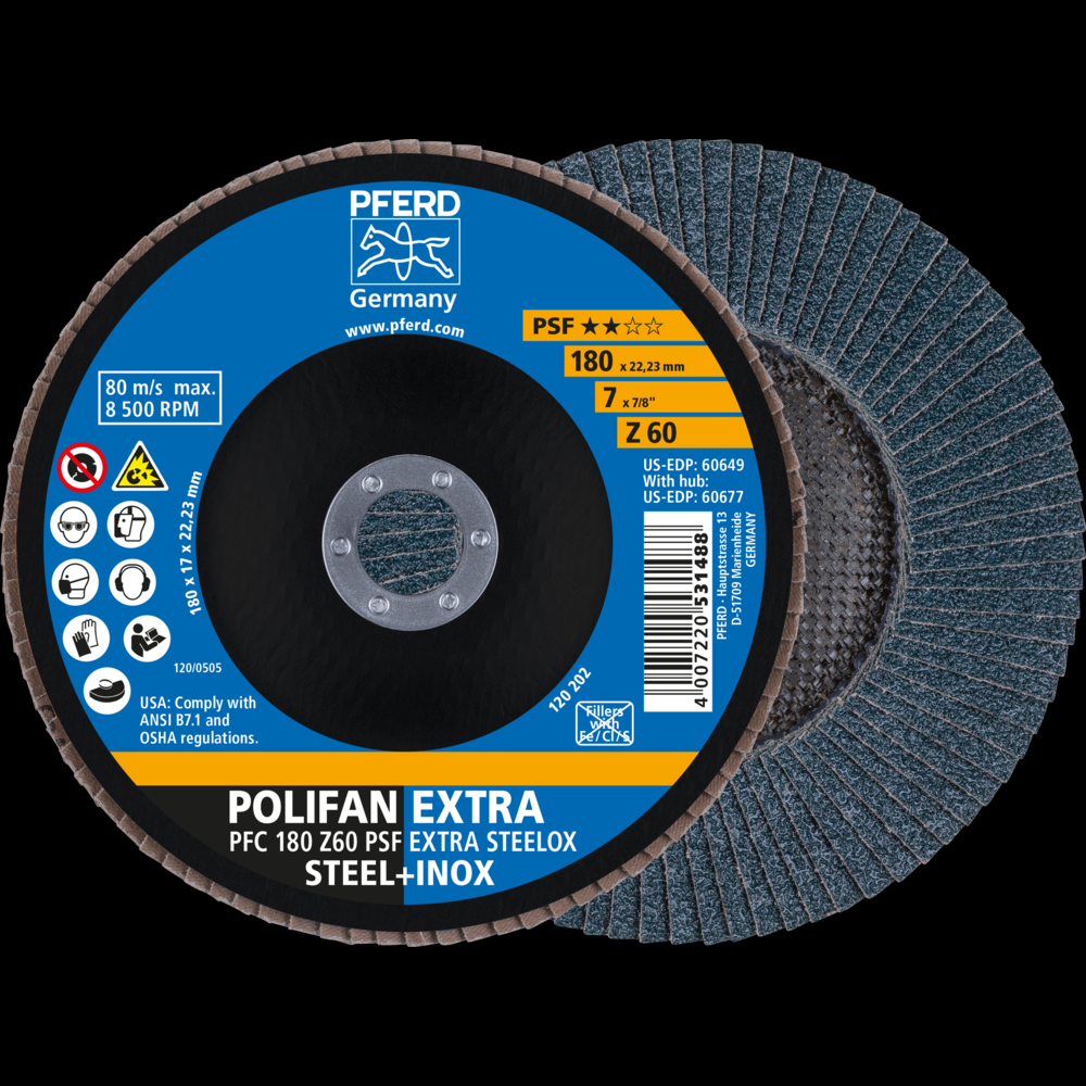 PFERD Flap Disc, 7&#34; x 7/8, Z PSF EXTRA STEELOX, 60 Grit, T29, Conical, Zirconia<span class=' ItemWarning' style='display:block;'>Item is usually in stock, but we&#39;ll be in touch if there&#39;s a problem<br /></span>