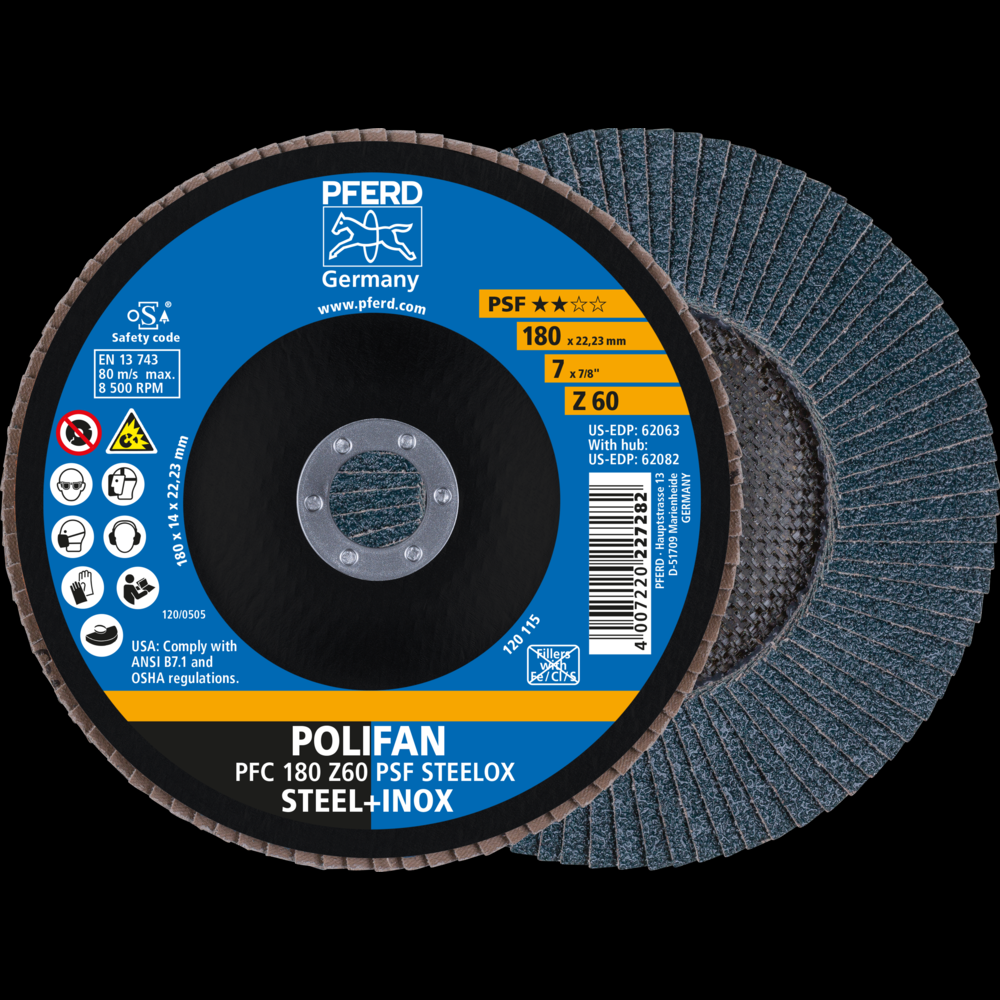 PFERD Flap Disc, 7&#34; x 7/8, Z PSF STEELOX, 60 Grit, T29, Conical, Zirconia<span class=' ItemWarning' style='display:block;'>Item is usually in stock, but we&#39;ll be in touch if there&#39;s a problem<br /></span>