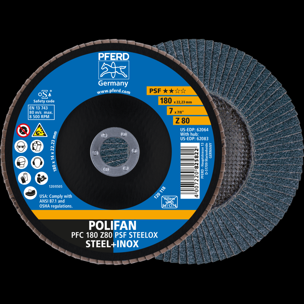 PFERD Flap Disc, 7&#34; x 7/8, Z PSF STEELOX, 80 Grit, T29, Conical, Zirconia<span class=' ItemWarning' style='display:block;'>Item is usually in stock, but we&#39;ll be in touch if there&#39;s a problem<br /></span>