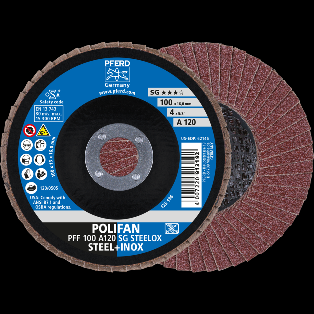 PFERD Flap Disc, 4&#34; x 5/8, A SG STEELOX, 120 Grit, T27, Flat, Aluminum oxide<span class=' ItemWarning' style='display:block;'>Item is usually in stock, but we&#39;ll be in touch if there&#39;s a problem<br /></span>