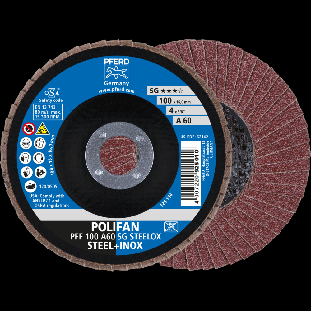 PFERD Flap Disc, 4&#34; x 5/8, A SG STEELOX, 60 Grit, T27, Flat, Aluminum oxide<span class=' ItemWarning' style='display:block;'>Item is usually in stock, but we&#39;ll be in touch if there&#39;s a problem<br /></span>