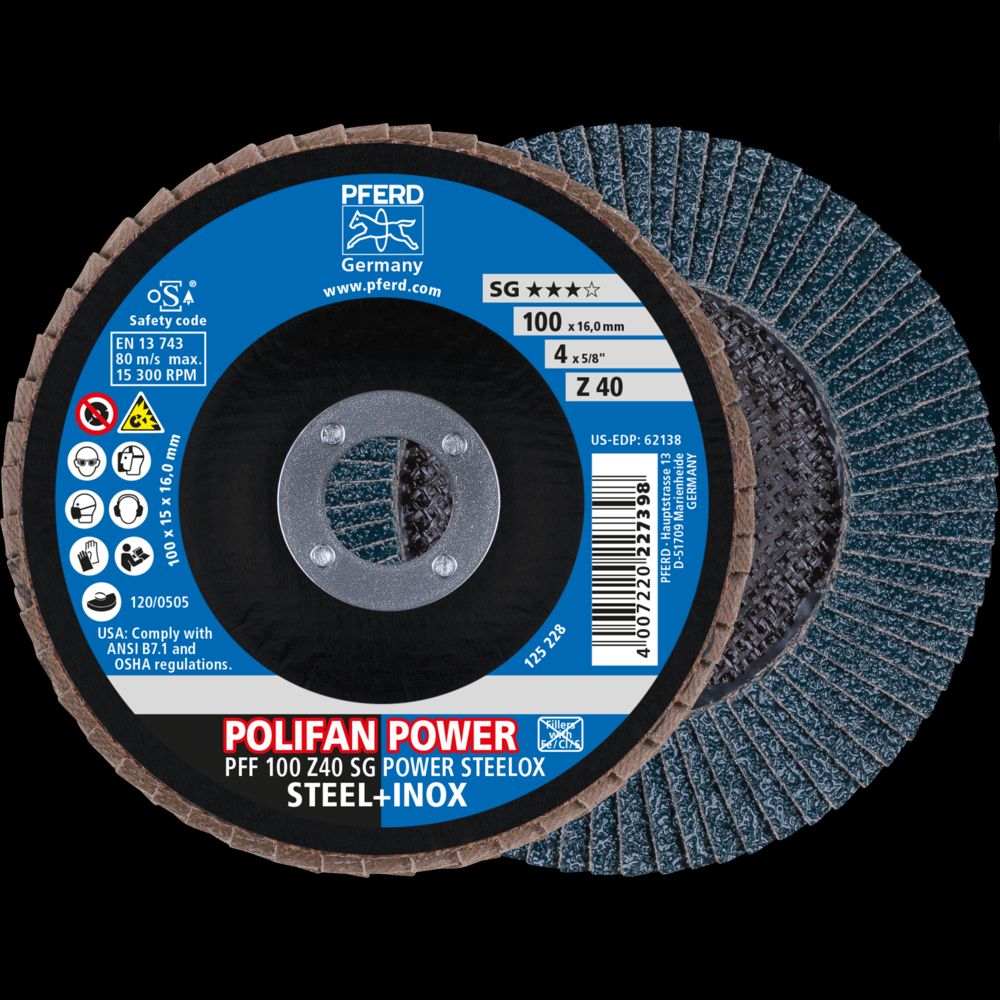 PFERD Flap Disc, 4&#34; x 5/8, Z SG POWER STEELOX, 40 Grit, T27, Flat, Zirconia<span class=' ItemWarning' style='display:block;'>Item is usually in stock, but we&#39;ll be in touch if there&#39;s a problem<br /></span>