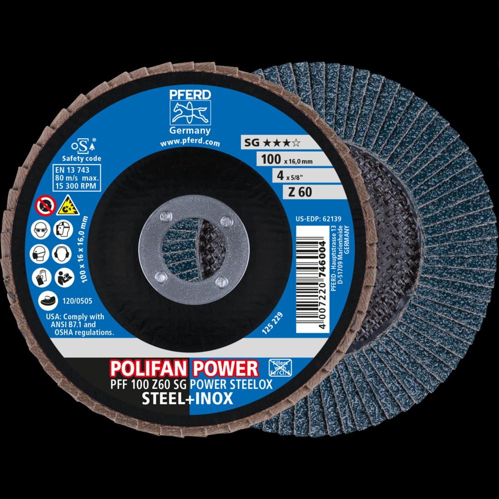 PFERD Flap Disc, 4&#34; x 5/8, Z SG POWER STEELOX, 60 Grit, T27, Flat, Zirconia<span class=' ItemWarning' style='display:block;'>Item is usually in stock, but we&#39;ll be in touch if there&#39;s a problem<br /></span>