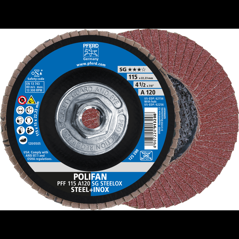 PFERD Flap Disc, 4-1/2&#34; x 5/8-11, A SG STEELOX, 120 Grit, T27, Flat, Aluminum oxide<span class=' ItemWarning' style='display:block;'>Item is usually in stock, but we&#39;ll be in touch if there&#39;s a problem<br /></span>