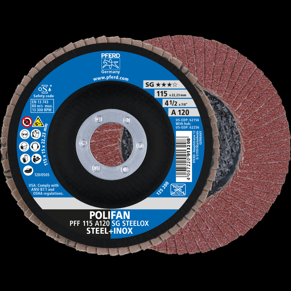 PFERD Flap Disc, 4-1/2&#34; x 7/8, A SG STEELOX, 120 Grit, T27, Flat, Aluminum oxide<span class=' ItemWarning' style='display:block;'>Item is usually in stock, but we&#39;ll be in touch if there&#39;s a problem<br /></span>