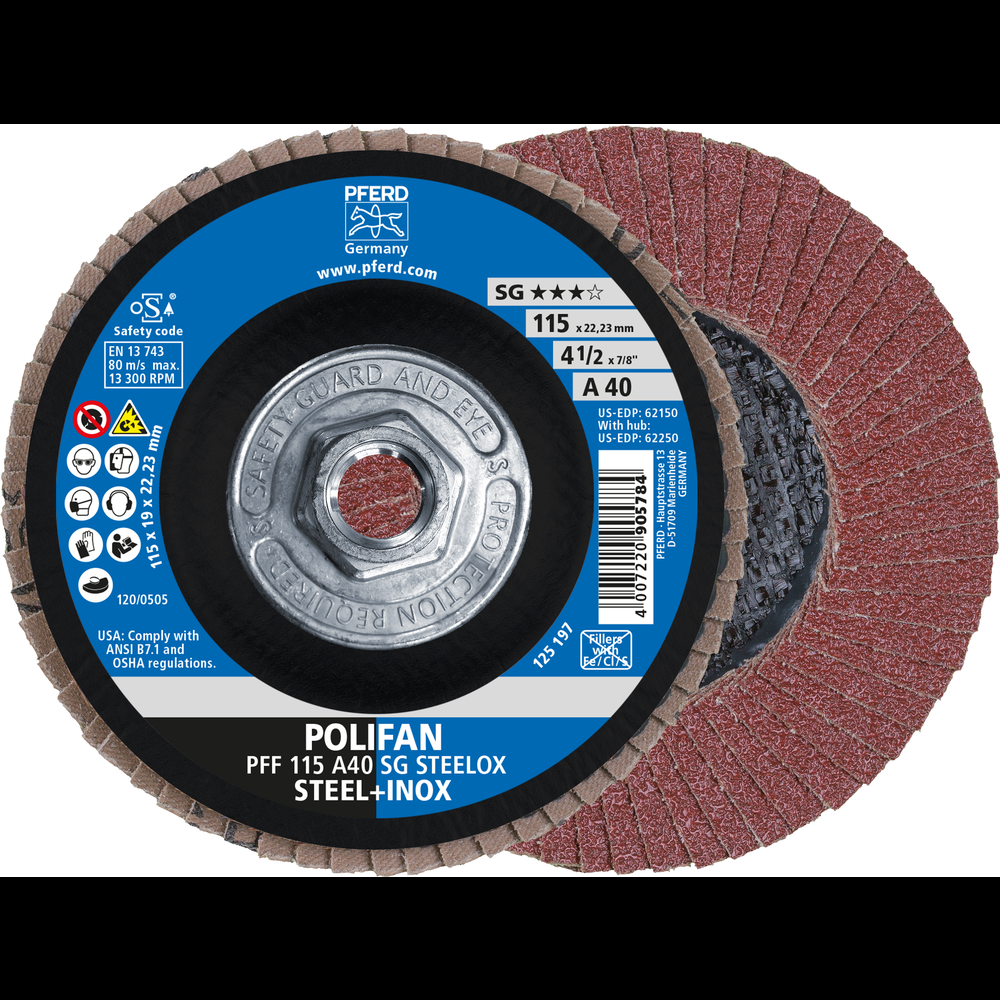 PFERD Flap Disc, 4-1/2&#34; x 5/8-11, A SG STEELOX, 40 Grit, T27, Flat, Aluminum oxide<span class=' ItemWarning' style='display:block;'>Item is usually in stock, but we&#39;ll be in touch if there&#39;s a problem<br /></span>