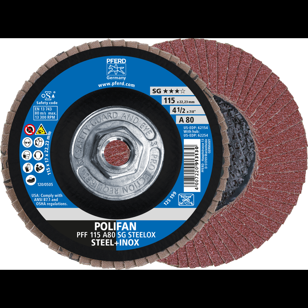 PFERD Flap Disc, 4-1/2&#34; x 5/8-11, A SG STEELOX, 80 Grit, T27, Flat, Aluminum oxide<span class=' ItemWarning' style='display:block;'>Item is usually in stock, but we&#39;ll be in touch if there&#39;s a problem<br /></span>