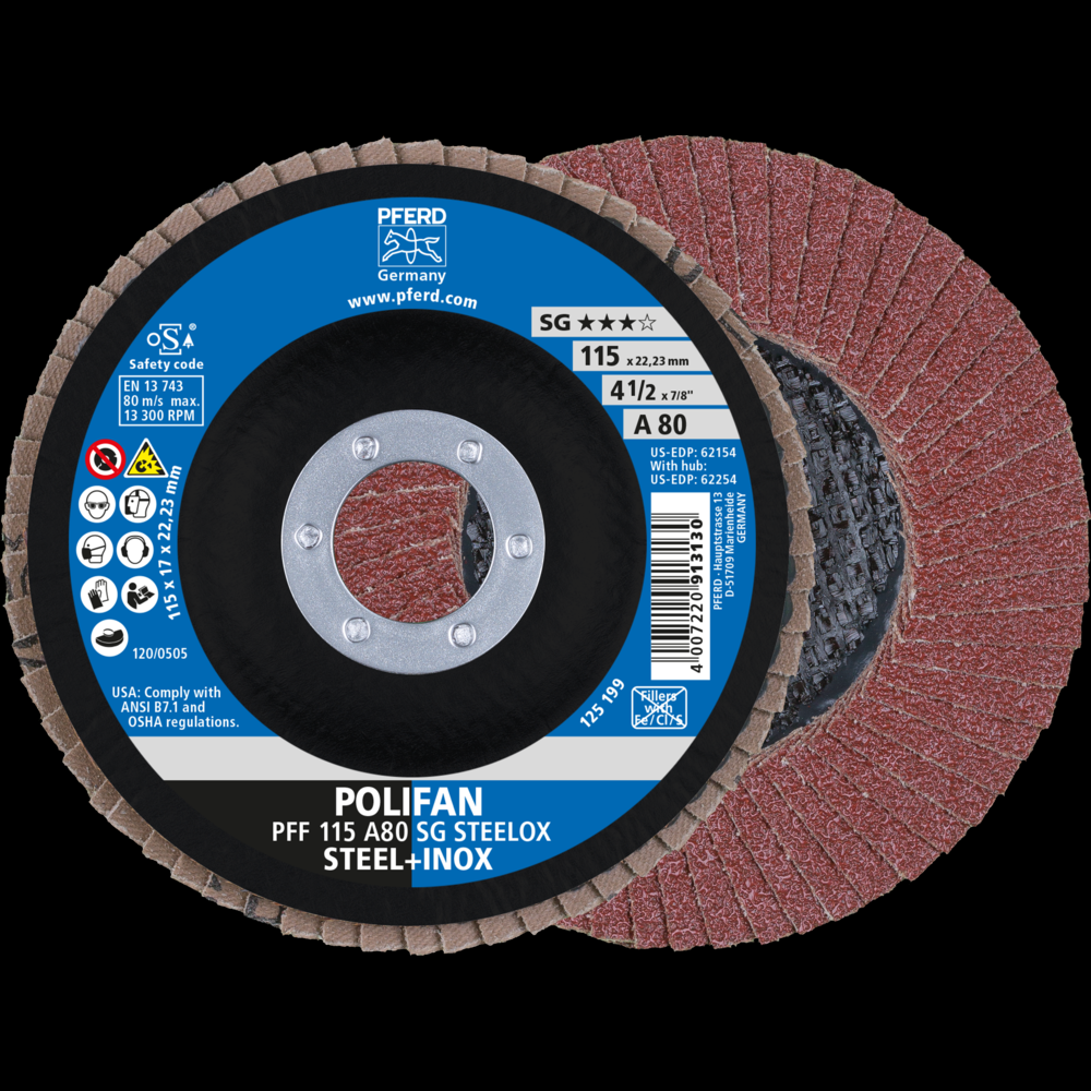 PFERD Flap Disc, 4-1/2&#34; x 7/8, A SG STEELOX, 80 Grit, T27, Flat, Aluminum oxide<span class=' ItemWarning' style='display:block;'>Item is usually in stock, but we&#39;ll be in touch if there&#39;s a problem<br /></span>