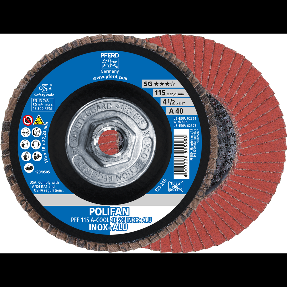 PFERD Flap Disc, 4-1/2&#34; x 5/8-11, A-COOL SG INOX+ALU, 40 Grit,T27, Flat,Aluminum oxide<span class=' ItemWarning' style='display:block;'>Item is usually in stock, but we&#39;ll be in touch if there&#39;s a problem<br /></span>