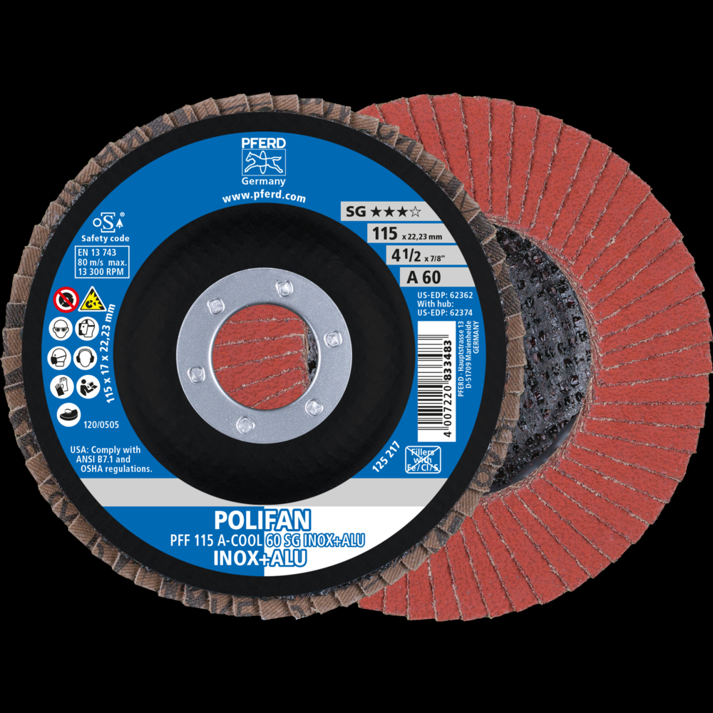 PFERD Flap Disc, 4-1/2&#34; x 7/8, A-COOL SG INOX+ALU, 60 Grit, T27, Flat, Aluminum oxide<span class=' ItemWarning' style='display:block;'>Item is usually in stock, but we&#39;ll be in touch if there&#39;s a problem<br /></span>